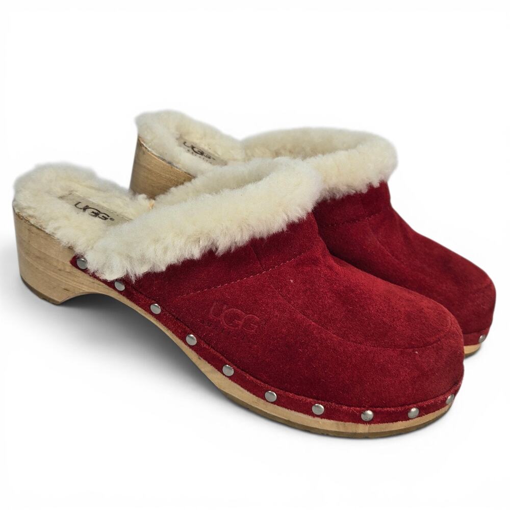 UGG Australia Kalie Red Suede Wooden Clogs Size 10 Shearling Lined Mules #5426